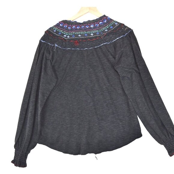 Free People Embroidered Henley Blouse Boho Folk Cottagecore Festival Top Size M - Picture 3 of 9
